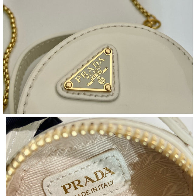 MINI ROUND BAG 8 IN WHITE GLOSSY CALFSKIN GOLD HARDWARE