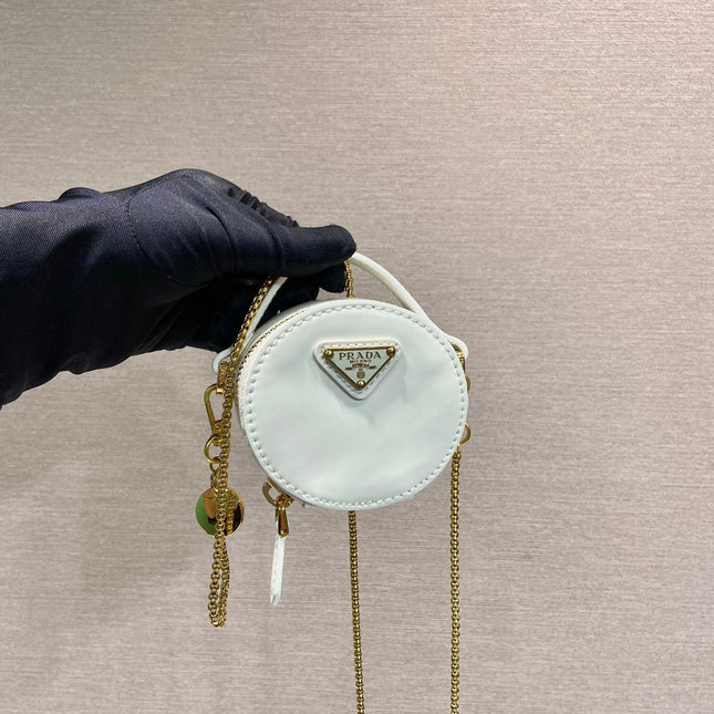 MINI ROUND BAG 8 IN WHITE GLOSSY CALFSKIN GOLD HARDWARE