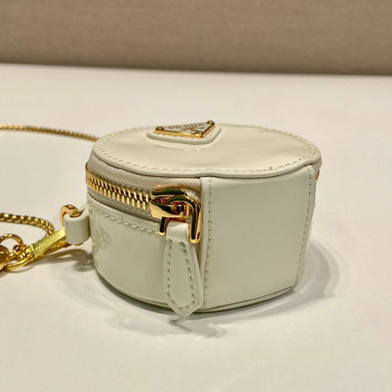 MINI ROUND BAG 8 IN WHITE GLOSSY CALFSKIN GOLD HARDWARE