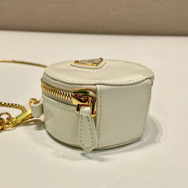 MINI ROUND BAG 8 IN WHITE GLOSSY CALFSKIN GOLD HARDWARE