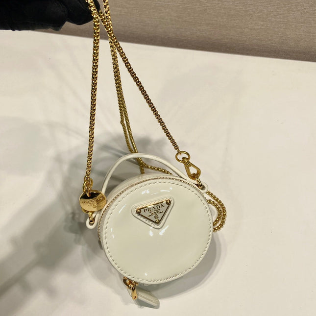 MINI ROUND BAG 8 IN WHITE GLOSSY CALFSKIN GOLD HARDWARE