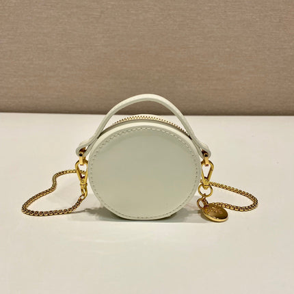 MINI ROUND BAG 8 IN WHITE GLOSSY CALFSKIN GOLD HARDWARE