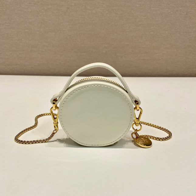 MINI ROUND BAG 8 IN WHITE GLOSSY CALFSKIN GOLD HARDWARE