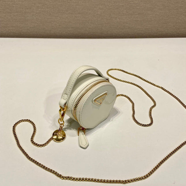 MINI ROUND BAG 8 IN WHITE GLOSSY CALFSKIN GOLD HARDWARE