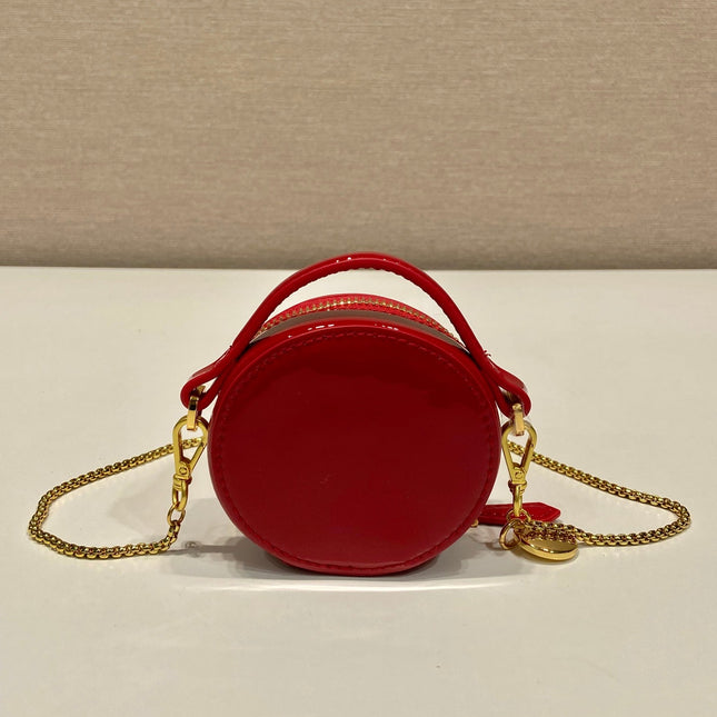 MINI ROUND BAG 8 IN RED GLOSSY CALFSKIN GOLD HARDWARE