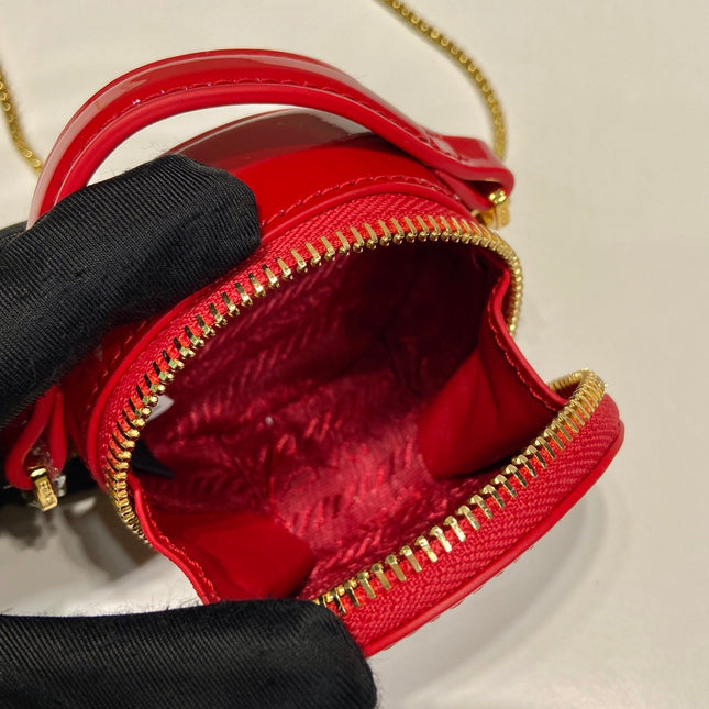 MINI ROUND BAG 8 IN RED GLOSSY CALFSKIN GOLD HARDWARE