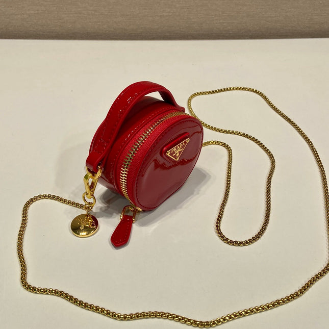 MINI ROUND BAG 8 IN RED GLOSSY CALFSKIN GOLD HARDWARE