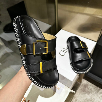 DAD SANDALS IN BLACK CALFSKIN WITH GOLD HARDWARE