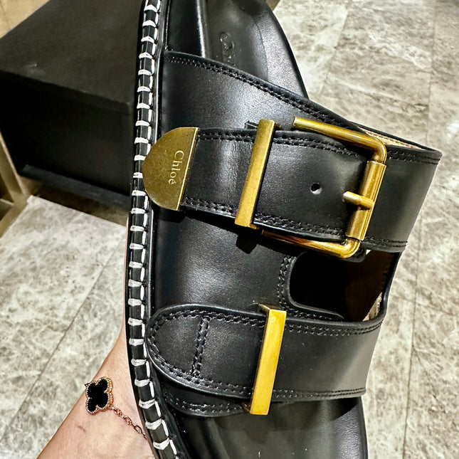 DAD SANDALS IN BLACK CALFSKIN WITH GOLD HARDWARE