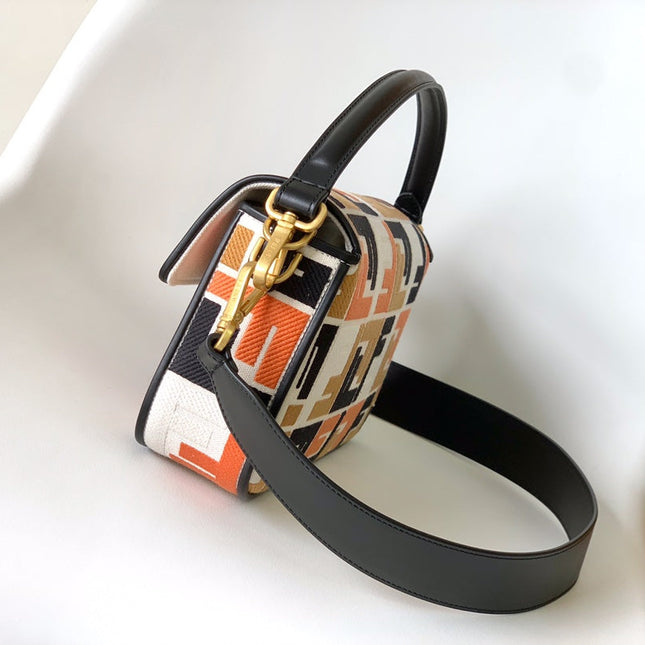 Fend Baguette Black White Brown Orange Canvas Bag 27 with FF Embroidery Ghw