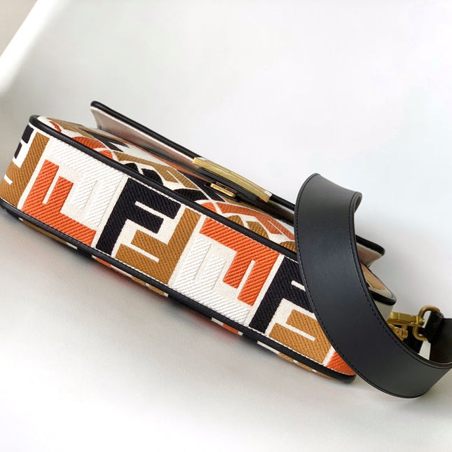 Fend Baguette Black White Brown Orange Canvas Bag 27 with FF Embroidery Ghw