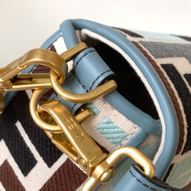 Fend Baguette Sky Blue and Multicolour Canvas Bag 27 with FF Embroidery Ghw