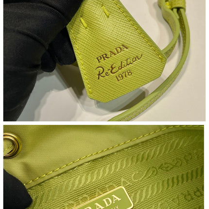 BUCKET BAG 19 IN APPLE GREEN RE-NYLON AND SAFFIANO LEATHER HANDLE