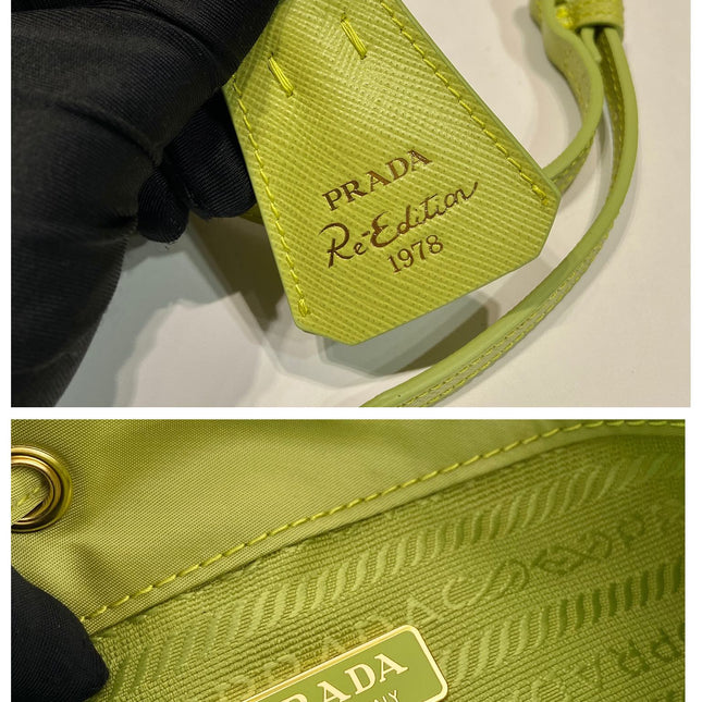 BUCKET BAG 19 IN APPLE GREEN RE-NYLON AND SAFFIANO LEATHER HANDLE