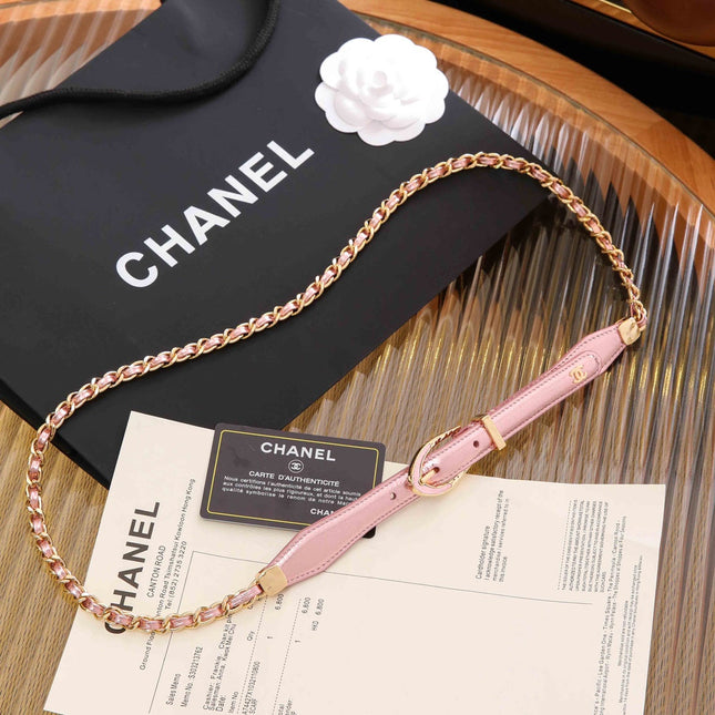 CC CHAIN BELT WITH GOLD HARDWARE AN LIGHT PINK CALFSKIN