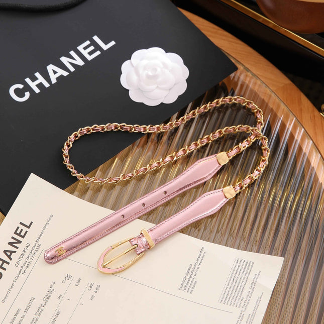 CC CHAIN BELT WITH GOLD HARDWARE AN LIGHT PINK CALFSKIN