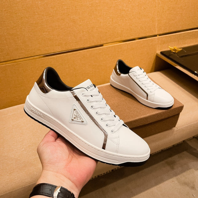 PRA SNEAKER IN WHITE CALFSKIN WITH GLOSSY GOLDEN