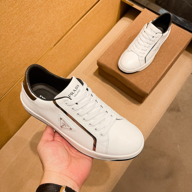 PRA SNEAKER IN WHITE CALFSKIN WITH GLOSSY GOLDEN