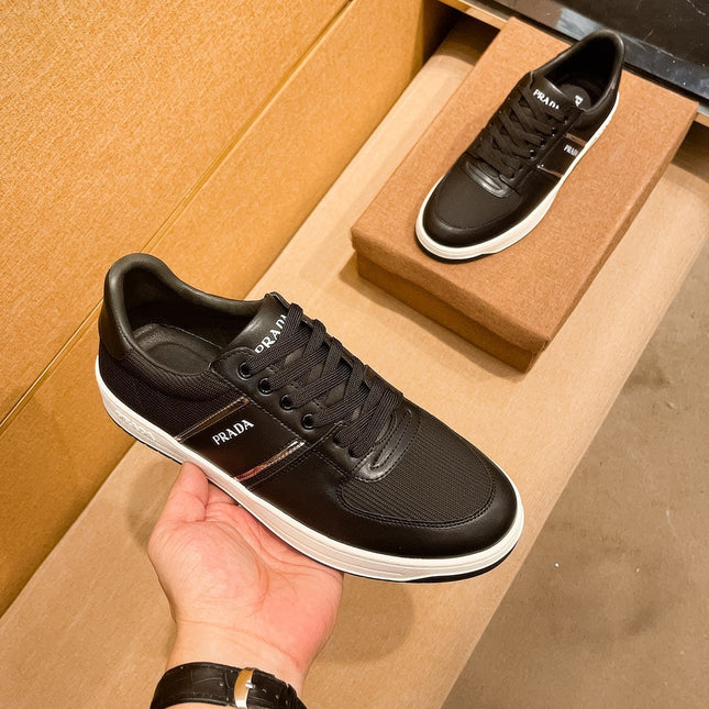 PRA SNEAKER IN BLACK CALFSKIN AND MESH BREATHABLE FABRIC
