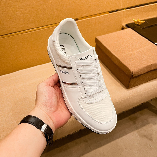 PRA SNEAKER IN WHITE CALFSKIN AND MESH BREATHABLE FABRIC