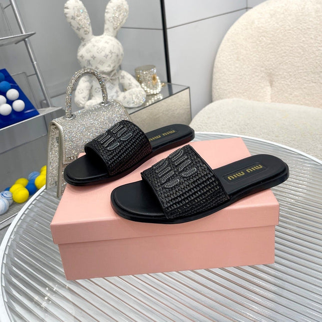 Slippers Black Leather With Sedge Straps