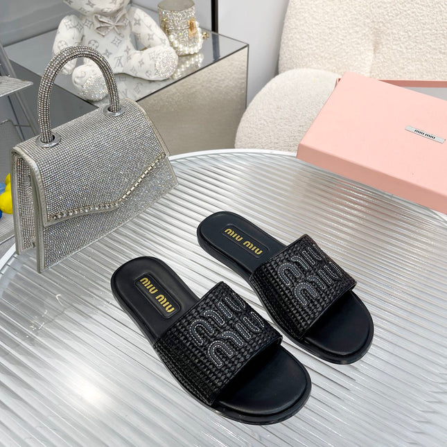 Slippers Black Leather With Sedge Straps