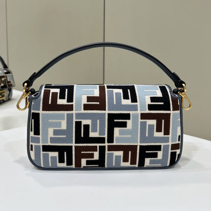 BAGUETTE CANVAS 27 BAG BLACK STRAP WITH MULTICOLOUR EMBROIDERY GOLD HARDWARE