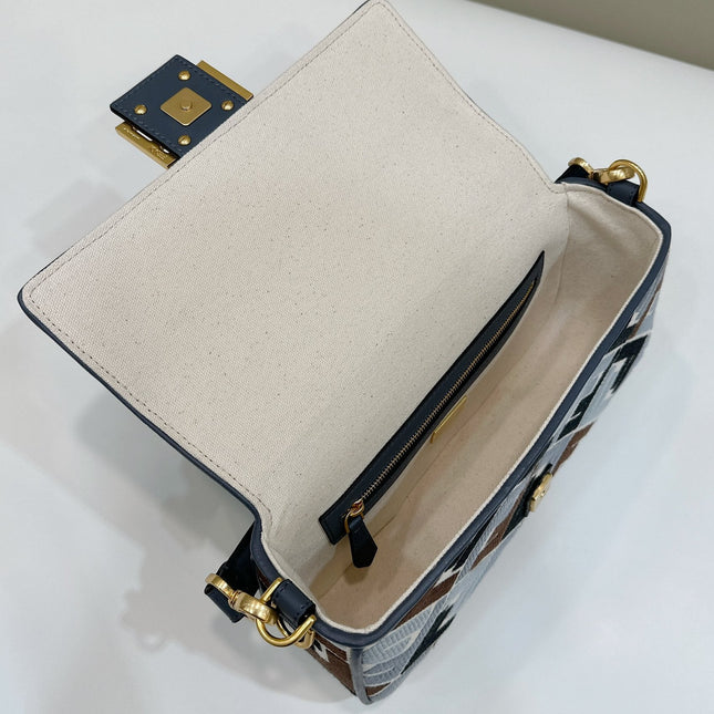 BAGUETTE CANVAS 27 BAG BLACK STRAP WITH MULTICOLOUR EMBROIDERY GOLD HARDWARE