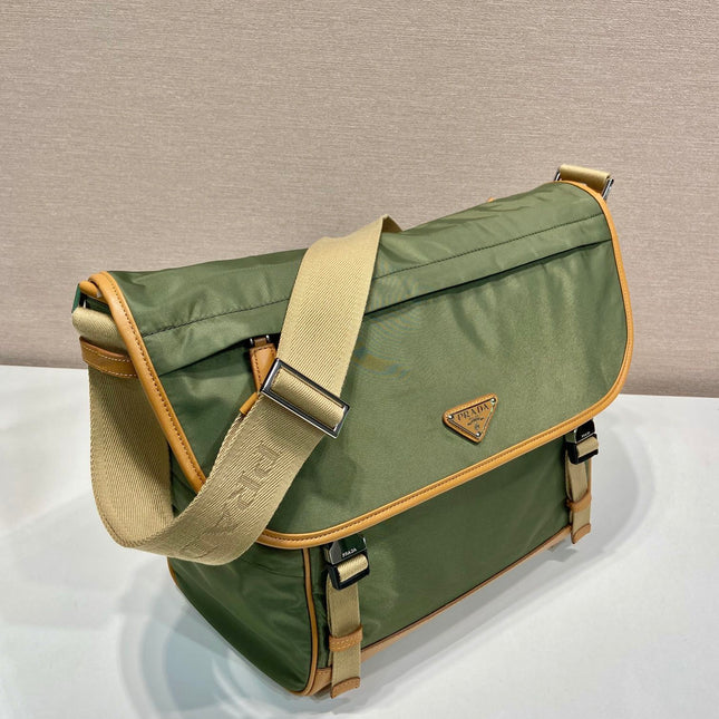 LARGE FLAP BAG 30 IN SEAWEED GREEN RE-NYLON AND BROWN CALFSKIN TRIM