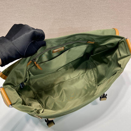 LARGE FLAP BAG 30 IN SEAWEED GREEN RE-NYLON AND BROWN CALFSKIN TRIM