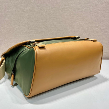 LARGE FLAP BAG 30 IN SEAWEED GREEN RE-NYLON AND BROWN CALFSKIN TRIM
