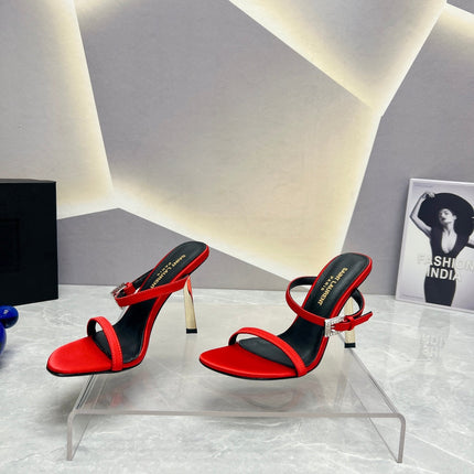 SL CRYSTAL BUCKLE HIGH HEELS RED SATIN