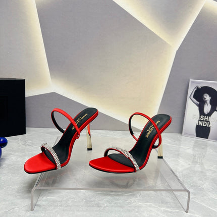 SL CRYSTAL THIN BELT HIGH HEELS RED SATIN