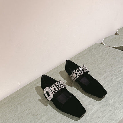 MARY JANES IN BLACK VELVET WITH CRYSTAL EMBELLISHED STRAP