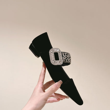 MARY JANES IN BLACK VELVET WITH CRYSTAL EMBELLISHED STRAP