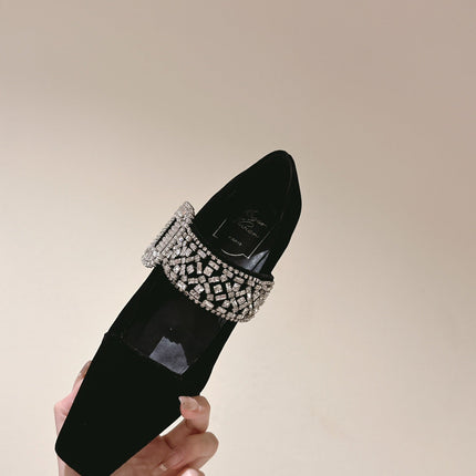MARY JANES IN BLACK VELVET WITH CRYSTAL EMBELLISHED STRAP