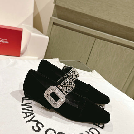 MARY JANES IN BLACK VELVET WITH CRYSTAL EMBELLISHED STRAP