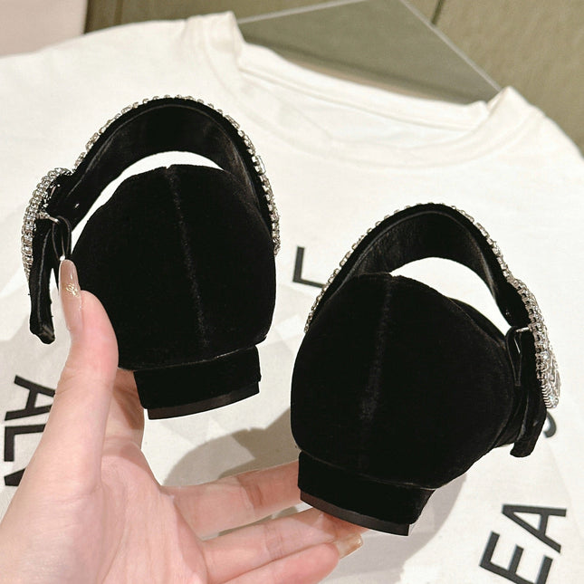 MARY JANES IN BLACK VELVET WITH CRYSTAL EMBELLISHED STRAP