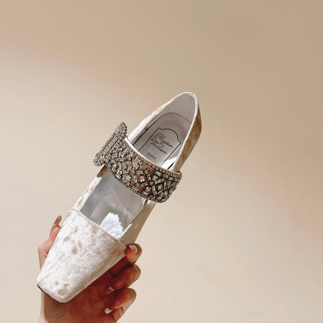 MARY JANES IN BEIGE VELVET WITH CRYSTAL EMBELLISHED STRAP