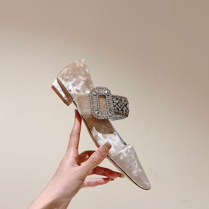 MARY JANES IN BEIGE VELVET WITH CRYSTAL EMBELLISHED STRAP