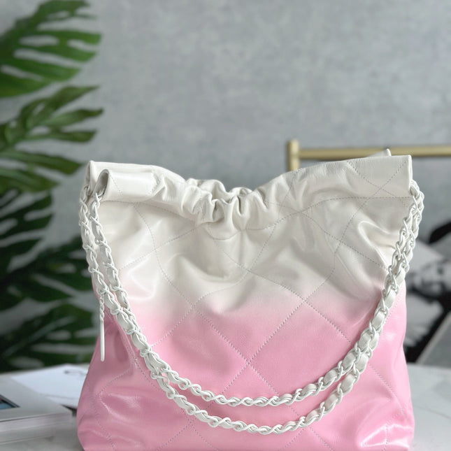 CHANEL 22 BAG 25S 37 CM IN PASTEL PINK MIX WHITE LAMBSKIN WITH WHITE HARDWARE