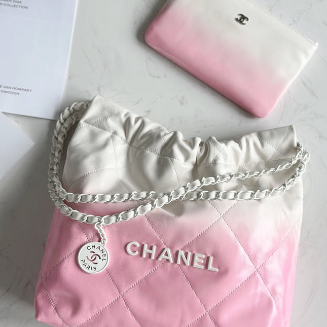 CHANEL 22 BAG 25S 37 CM IN PASTEL PINK MIX WHITE LAMBSKIN WITH WHITE HARDWARE