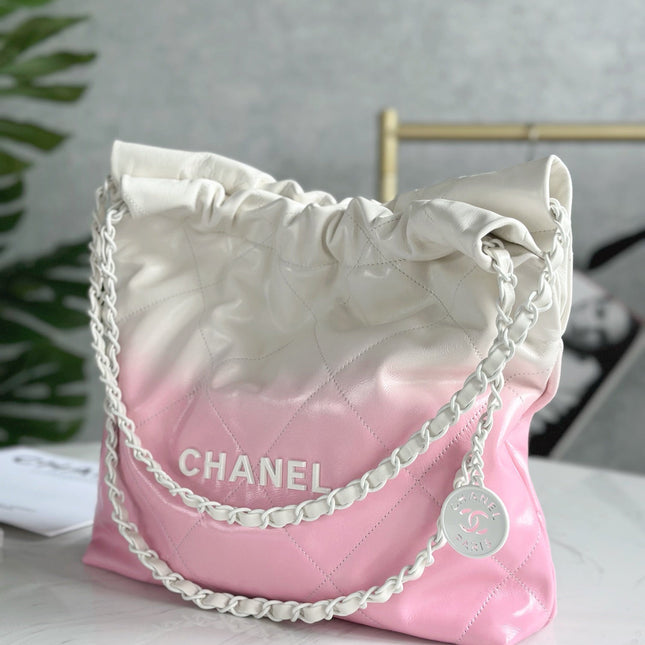 CHANEL 22 BAG 25S 37 CM IN PASTEL PINK MIX WHITE LAMBSKIN WITH WHITE HARDWARE