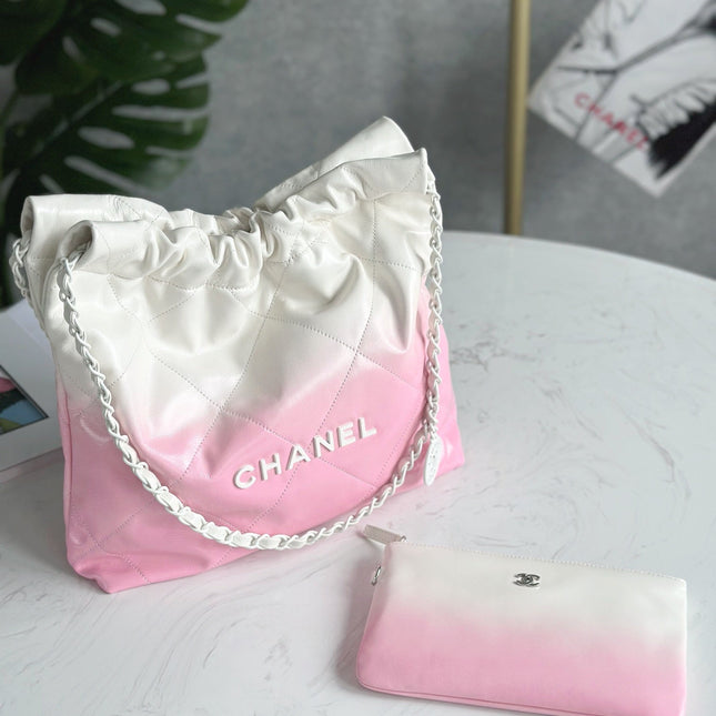 CHANEL 22 BAG 25S 37 CM IN PASTEL PINK MIX WHITE LAMBSKIN WITH WHITE HARDWARE