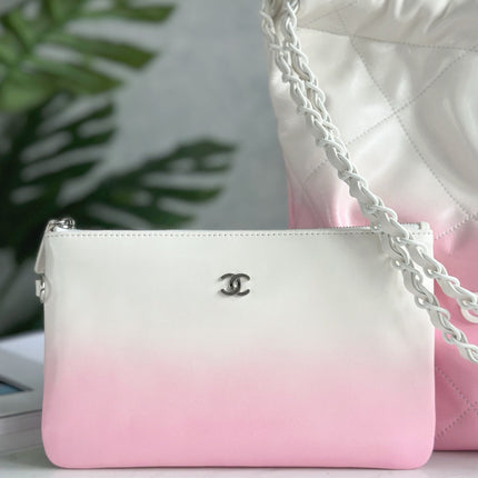 CHANEL 22 BAG 25S 42 CM IN PASTEL PINK MIX WHITE LAMBSKIN WITH WHITE HARDWARE