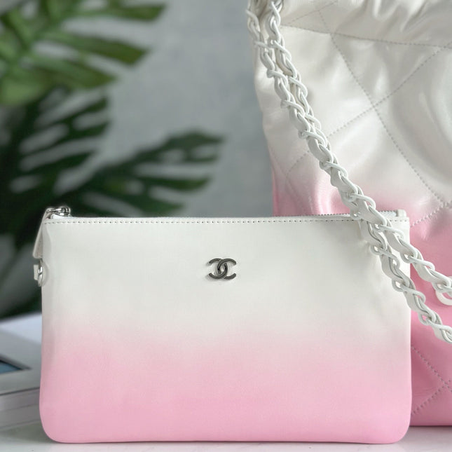 CHANEL 22 BAG 25S 37 CM IN PASTEL PINK MIX WHITE LAMBSKIN WITH WHITE HARDWARE
