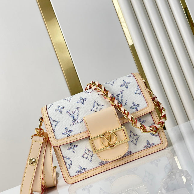 DAUPHINE MINI 20 IN WHITE MONOGRAM JACQUARD FABRIC GOLD HARDWARE