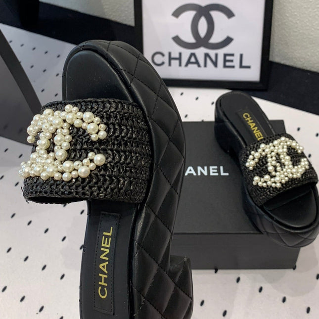 Double CC pearl platform sandals Sheepskin Black
