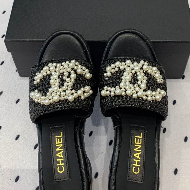 Double CC pearl platform sandals Sheepskin Black