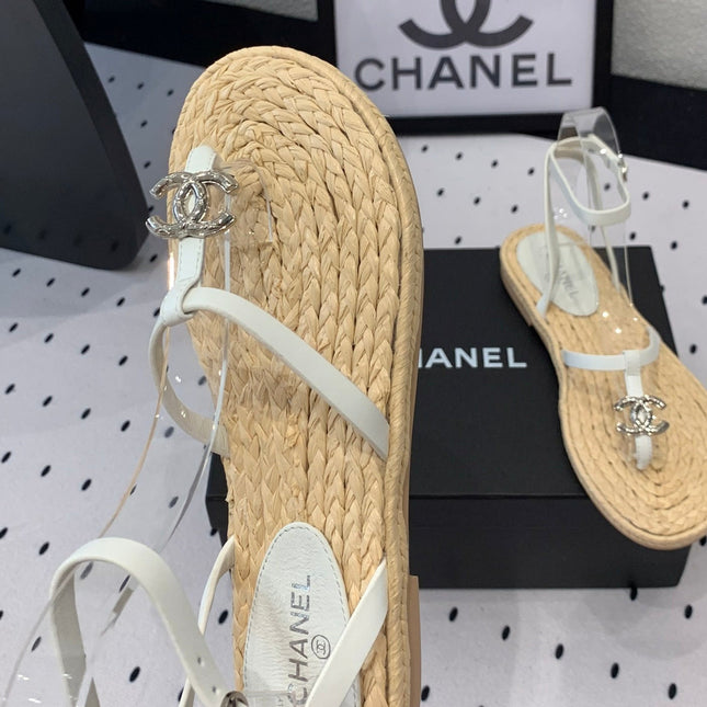 Double CC Vintage straw sandals replica designer shoe White Beige sheepskin